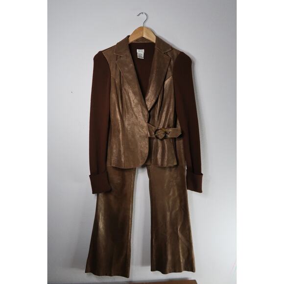 vintage Cache brown bronze gold leather pant suit y2k quiet luxury small - Picture 2 of 11